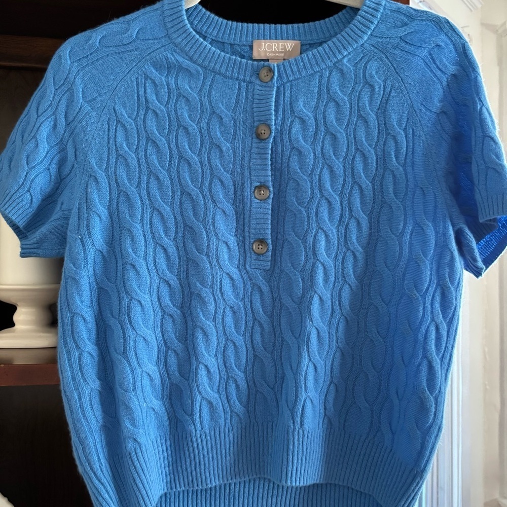 J. Crew Blue Cashmere Women’s Henley Cable Knit Short Sleeve Sweater - Picture 2 of 6